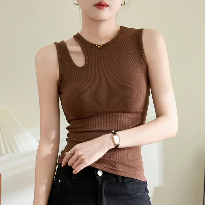#0432 Black Brown Sleeveless Tank Top Women Hollow Out Irregular Tank Tops Tees Femme Stretch Cotton Skinny Short Tops Summer 250415