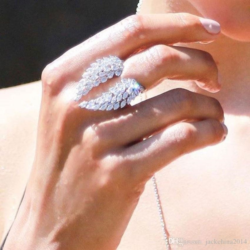 Sparkling 925 Sterling Silver Full White Topaz CZ Diamond Eternity Wing Wedding Engagement Fashion Feather Ring