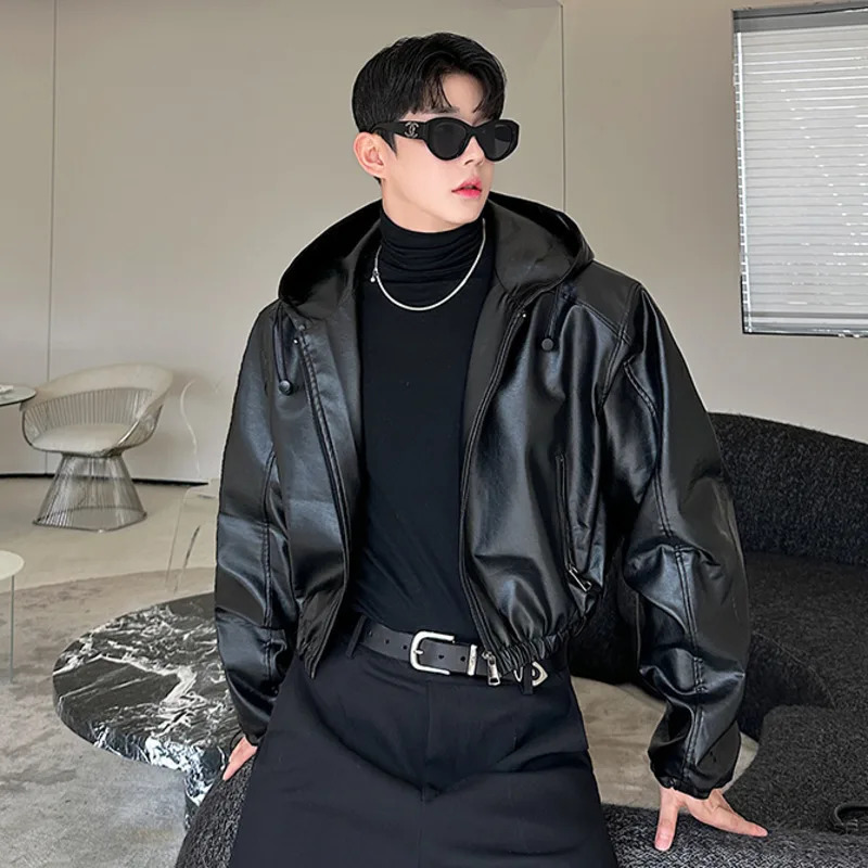 IEFB American Style Mens Jackets Casual Pu Leather Drawstring Hooded Solid Color Loose Male Coats Personalized Autumn 9C7986 250409