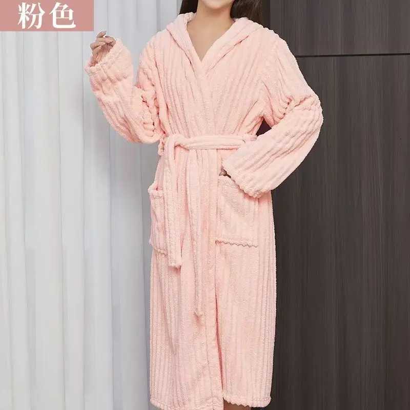Bathrobe for autumn and winter absorbent thickened quick drying adult coral bath towel long couples soft nightgown hooded C251115