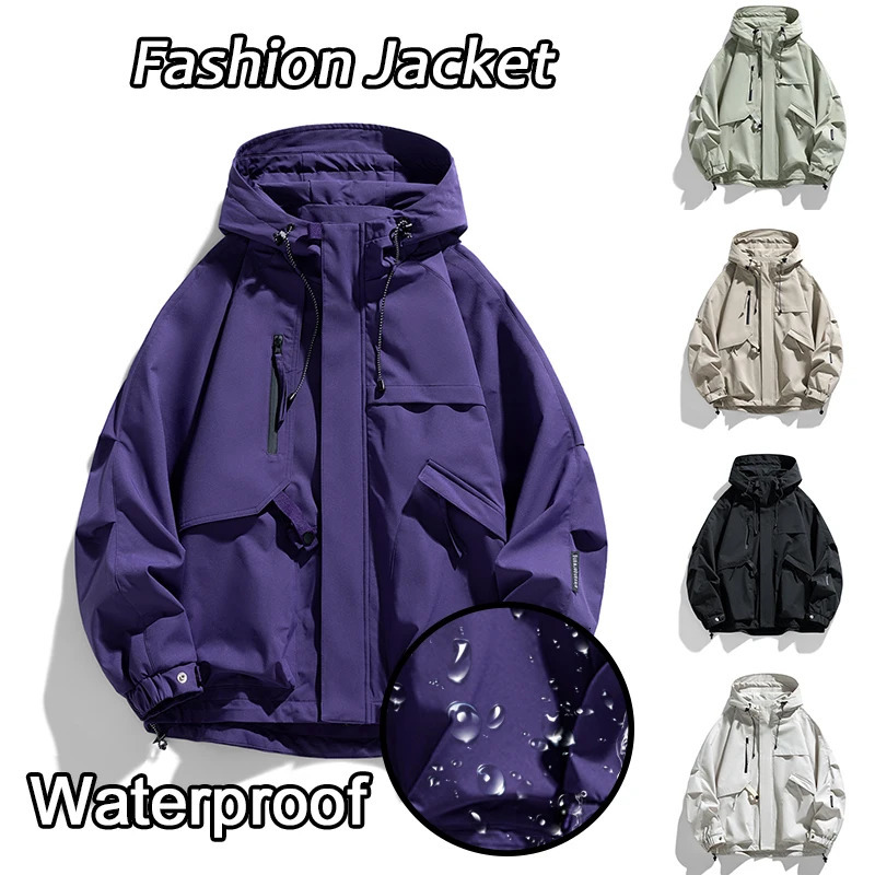 Fashionable mens casual windproof jacket hooded jacket high street outdoor mens waterproof multi bag cargo jacket 250415