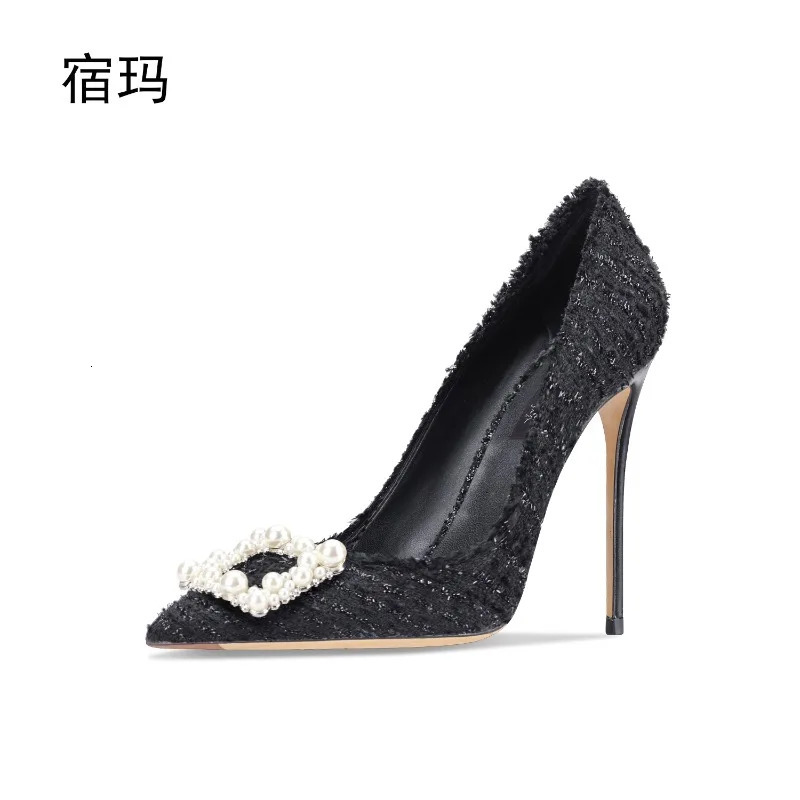 Square buckle rhinestone pearl black woven high heels for women 2025 pointed thin heel versatile and sexy single heel shoes 251111 - view 5