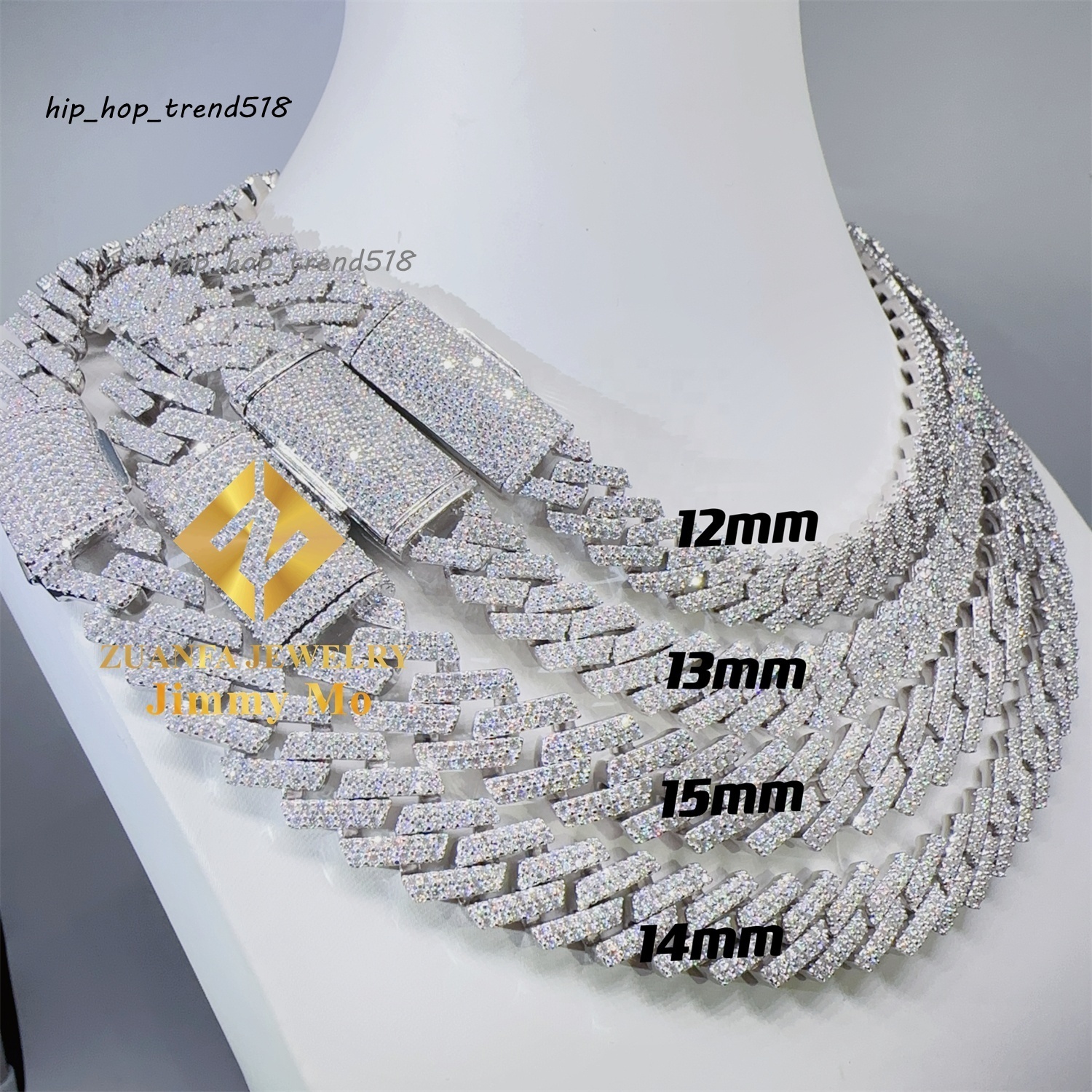 Hot Selling Pass Diamond Tester 925 Solid Silver 12mm 13mm 14mm 15mm Two Rows Iced Out Hip Hop VVS1 Moissanite Cuban Link Chain