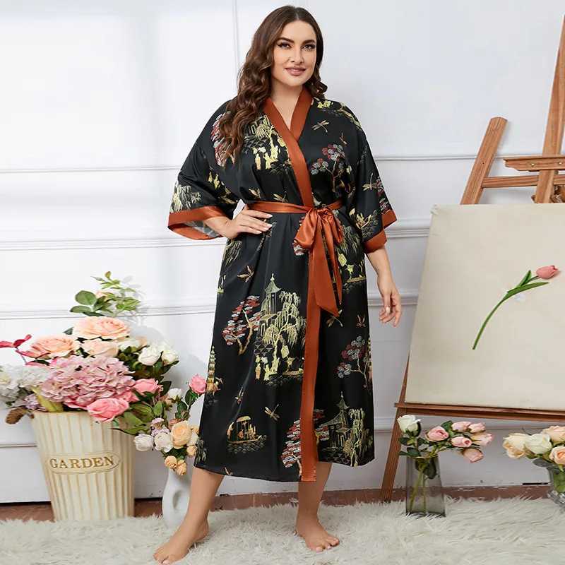 Oversized Sleepwear 2023 Autumn New Satin Robe Womens Summer Ice Silk Bathrobe Sexy Nightwear Print Kimono Casual Home Clothes C251115