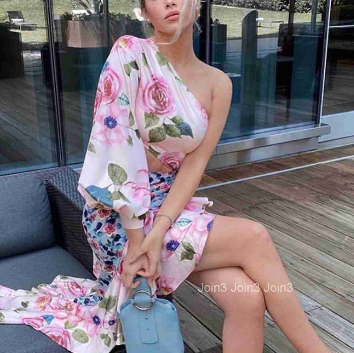 2025 Summer New Womens Long Skirt Asymmetric Strapless Single Sleeve Waist Cinched Floral Patchwork Skirt