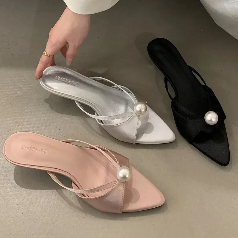 Summer Open Womens Lace Sexy Dot Lace Sandals Elegant Pearl Decoration Thin High Heels 250411