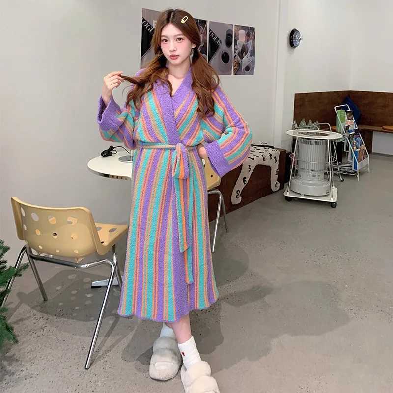 Sweet Lady Winter Long Thick Warm Flannel Striped Bathrobe Soft Velvet Bath Robe Hotel Spa Dressing Gown Women Cozy Sleepwear C251115