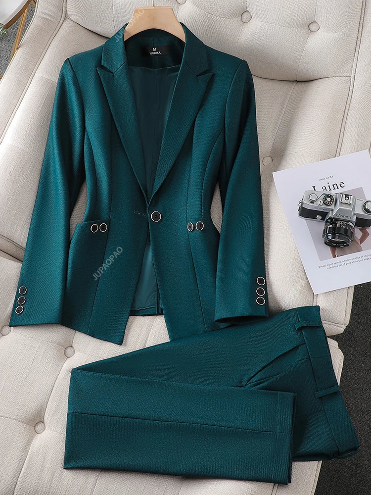 Formal Blazer and Pant Suit for Women Solid Jacket and Trouser Female Business Work Wear Green Purple Blue Black 2 Piece Set 250410
