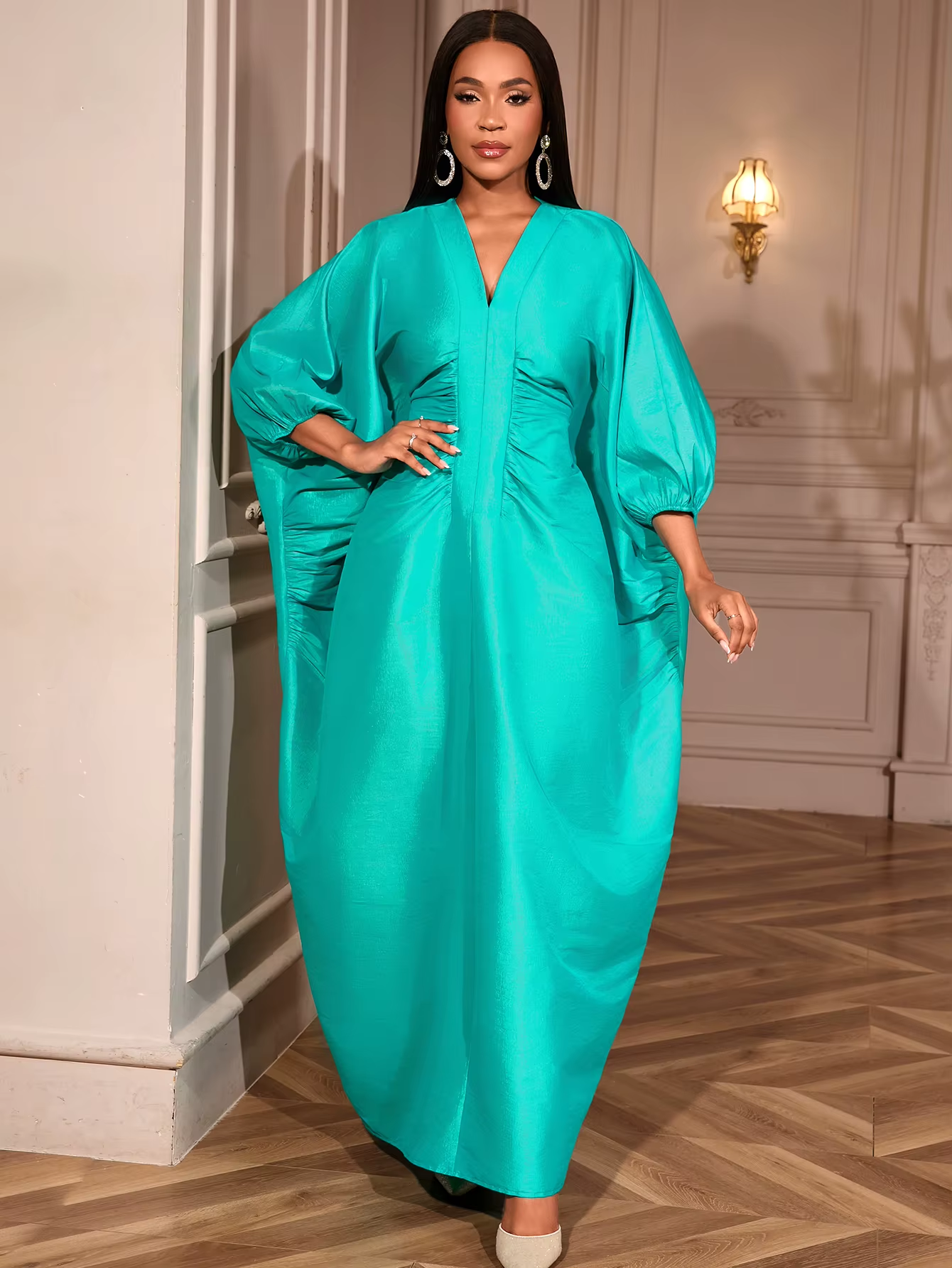 Elegant Long Loose Bubu Dresses African Ruched Batwing Sleeve V Collar Plus Size for Women AM050759
