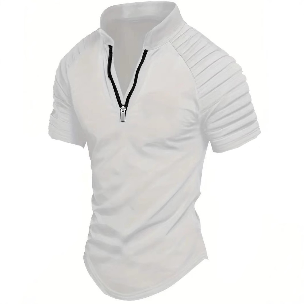 Summer fashion casual mens short sleeved polo shirt zipper pleated mens sports polo shirt