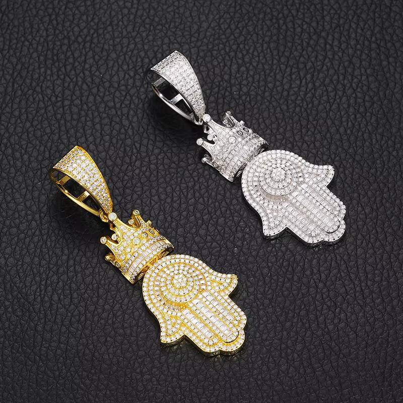 VVS D Moissanite Hamsa Hand Pendant Necklace 925 Sterling Silver Hip Hop Iced Out Crown Hamsa Pendant for Men Women