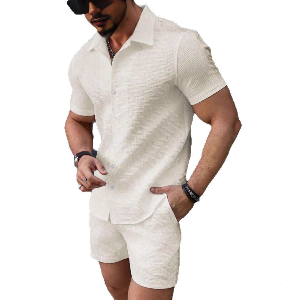 2025 Fashion New Mens Short sleeved Shirt Shorts Sports and Leisure Beach Two piece Set