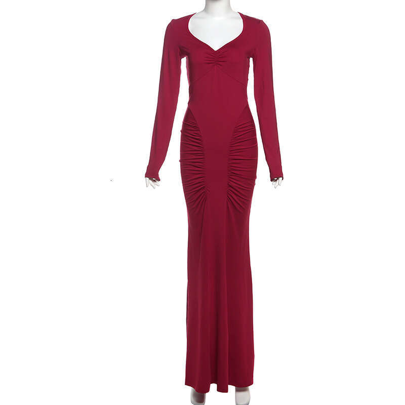 Women's Wear Spring New Women's Sexy Spicy Girl Sleeve V-Neck Solid Color High Waist Slimming Jumpsuit Long Dress