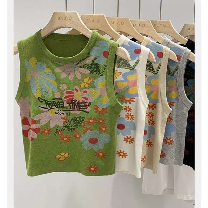 Summer Vintage Y2k Chic Graffiti Printed Knitted Tanks Women Korean Fashion Sleeveless Short Style Casual Top Pullovers