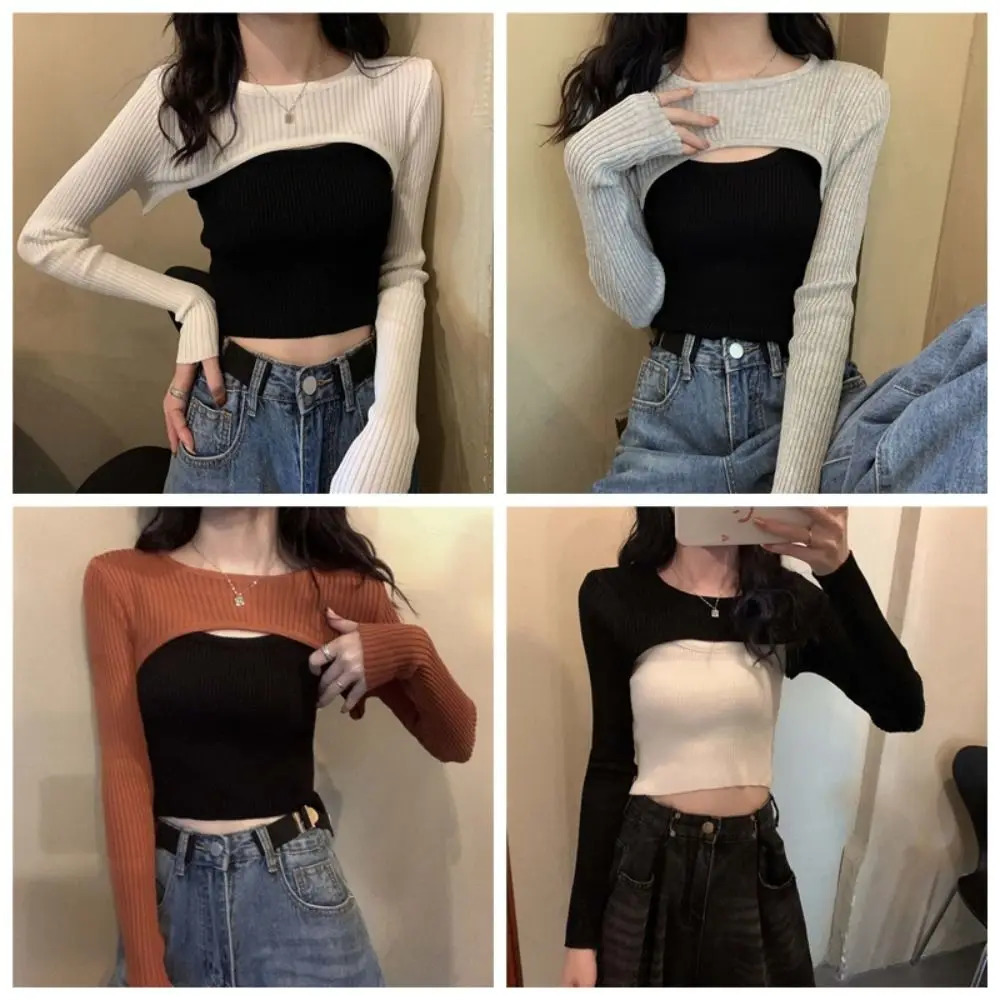 Ultra thin knitted long sleeved crop ultrathin Harajuku sweater with floral solid color spicy girl style Oneck Tshirt soft 250407