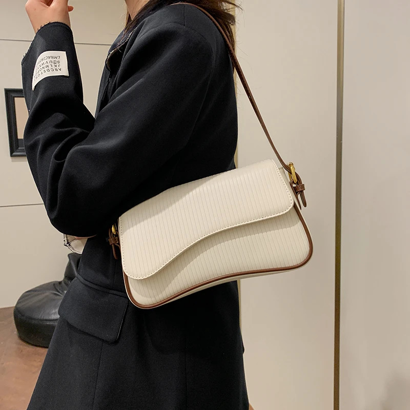 Solid color striped flannel womens cross body bag quiet bag fashionable and elegant PU leather shoulder bag 250410