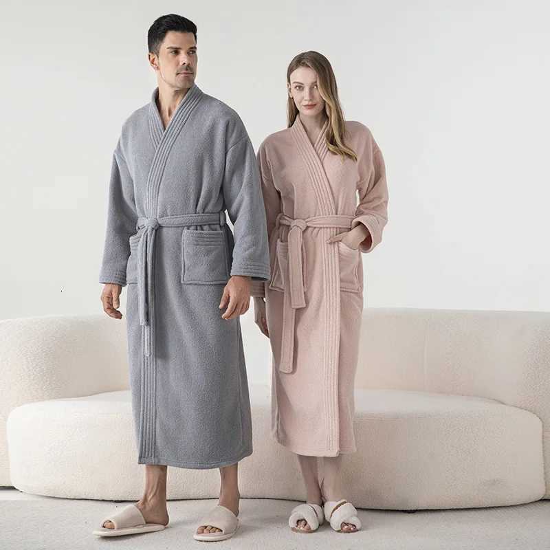 Casual Robe Men Couple Sleepwear Bathrobe Fleece Winter Night Wears Belt Warm Pajama One Piece Nightgown Solid Pocket Homewear C251115