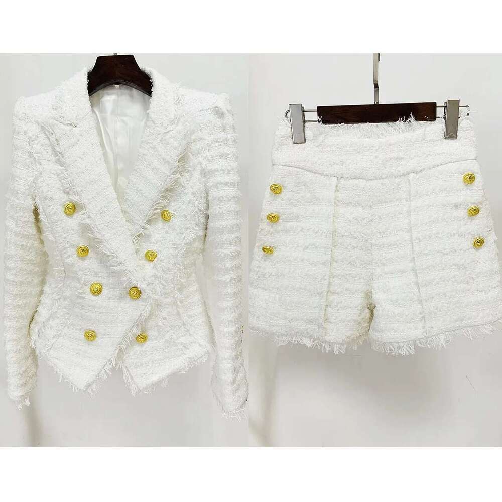 JAMERARY Double Breasted White Jackets Coats Women Tweed Sets Golden Button Tassels Blazer Wide Leg Short Pants Suits