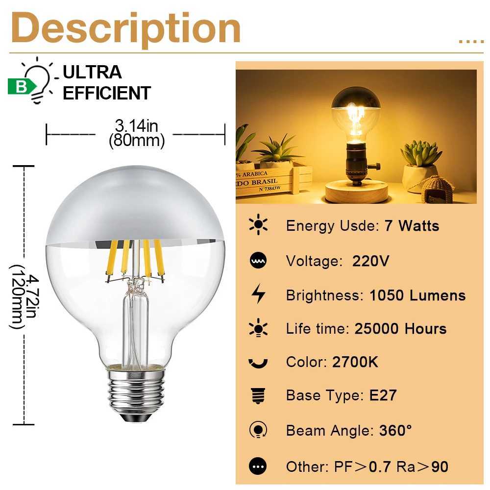 E27 Mirror Silver Retro Edison LED Light Bulb G80 7W 220V Vintage Filament LED Lamp 1050LM High Lumen 2700K Warm White Lighting C251115
