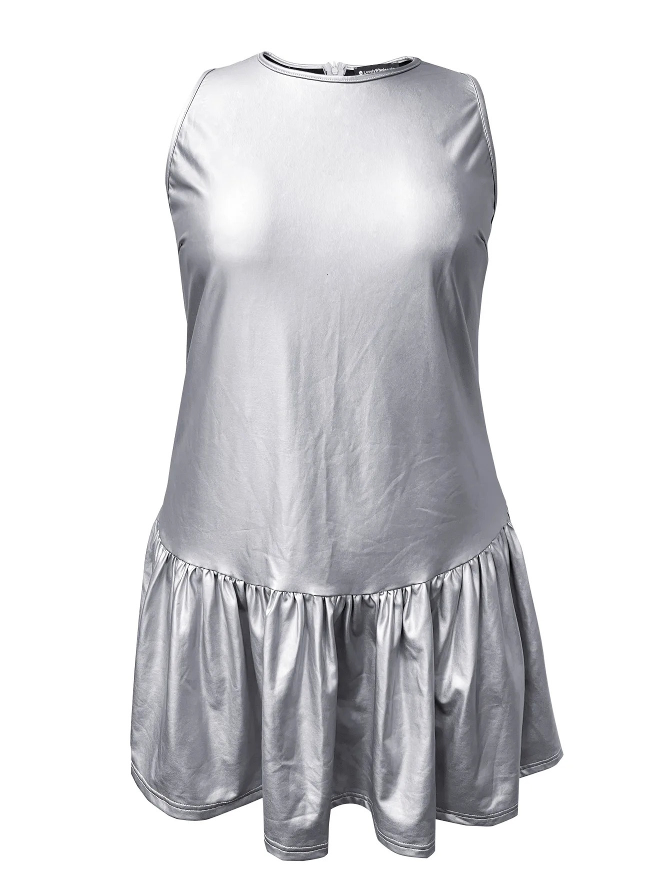 LW Plus size round neck pleated n dress for womens summer casual solid color sleeveless mini Aline 250407