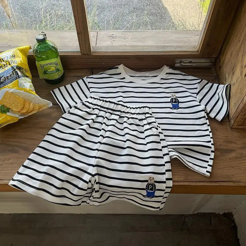 Summer Baby Striped Short Sleeve Clothes Set Cute Bear Infant Casual T Shirts Shorts 2pcs Suit Cotton Toddler Outfits 250415