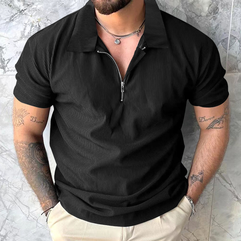 Summer new solid color short sleeved men's zipper polo shirt T-shirt men