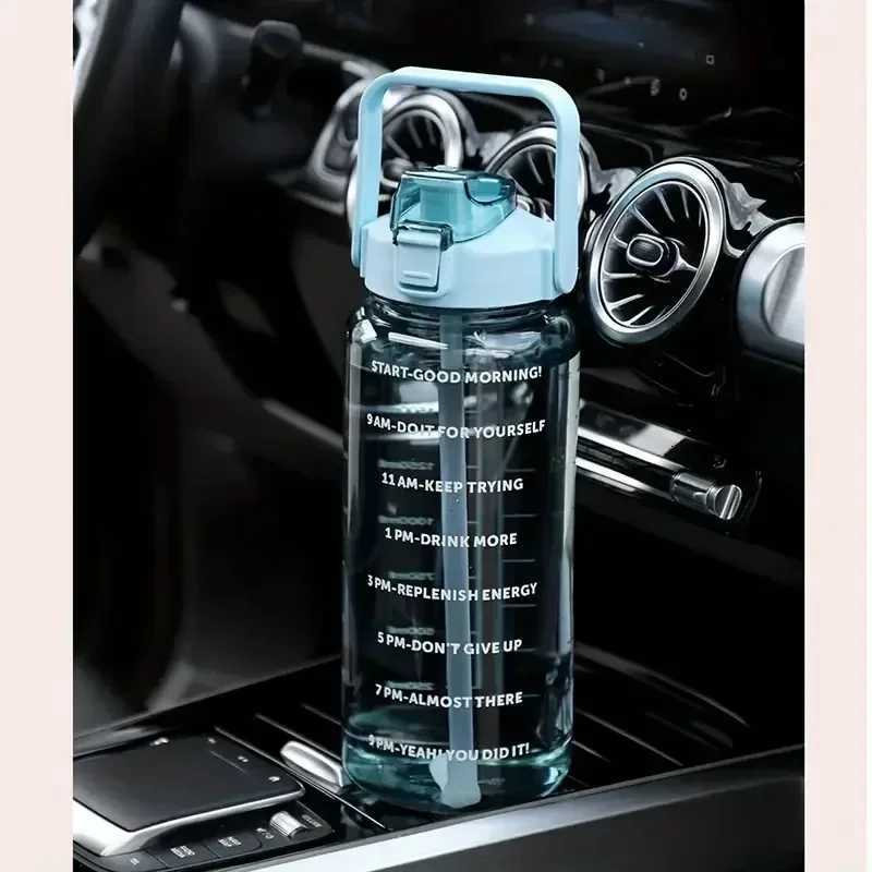 2L Portable Large Capacity Water Bottle with Straw Plastic Water Cup for Outdoor Sport Camping Travel Water Jug with Time MarkerW251114