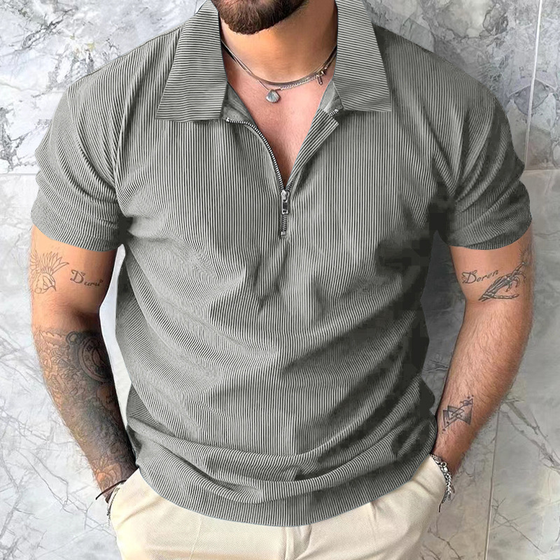 Summer new solid color short sleeved men's zipper polo shirt T-shirt men
