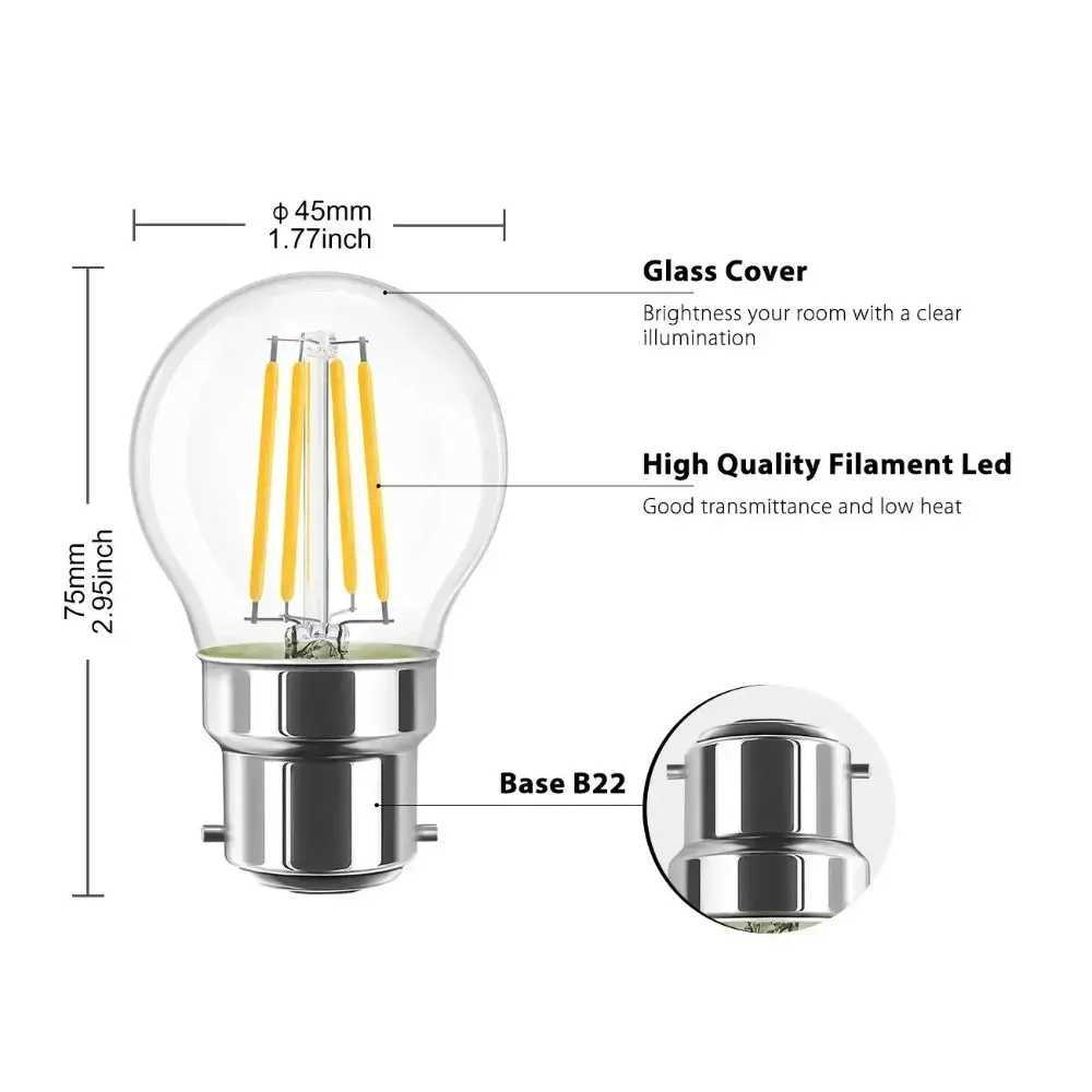 Melery B22 Filament LED Light Bulb 4W Incandescent Bayonet Lamp G45 2700K Warm White Replacement 40W Rustic Clear Energy A 3PACK C251115