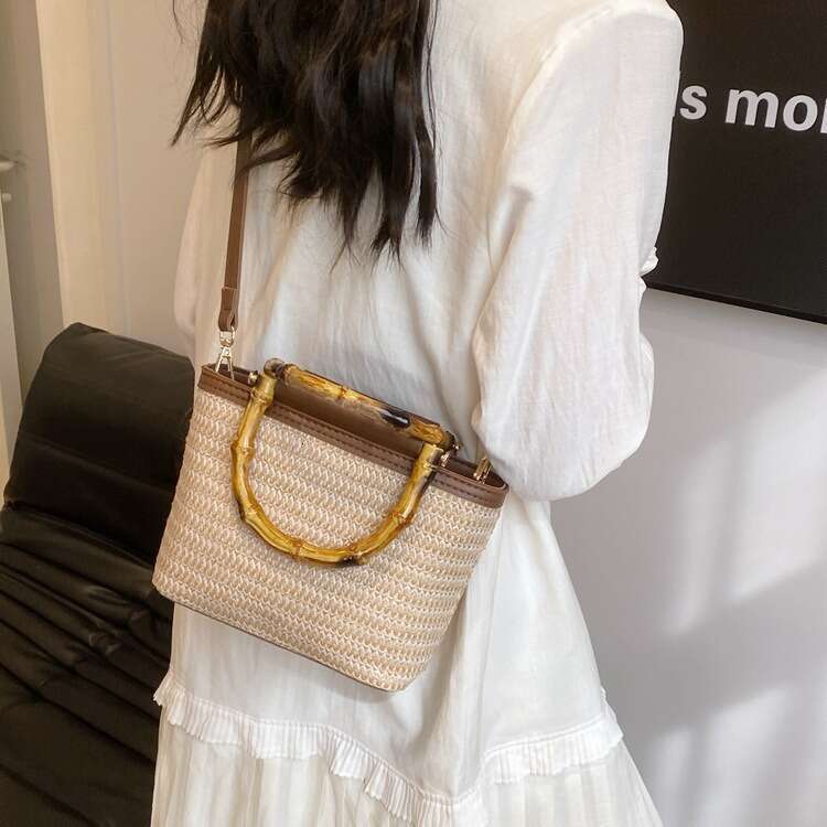 Handmade Beach Bag Straw Hand-Held Bucket For Women 2025 New Summer Versatile Crossbody Beach Vacation Straw Woven Bag Kq2