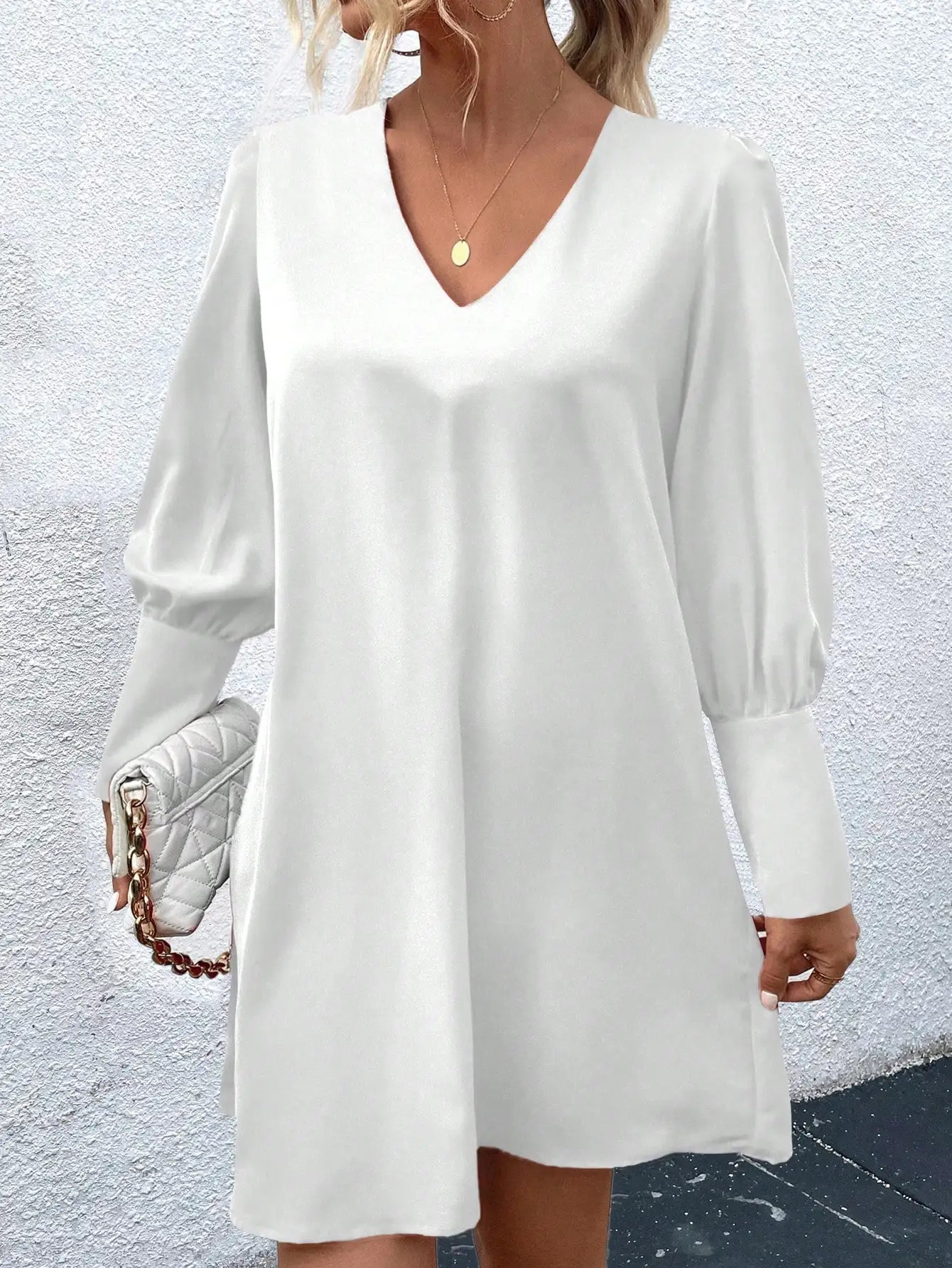 Spring and summer plus size casual n loose long sleeved slim fit Vneck solid color retro button womens dress 250407