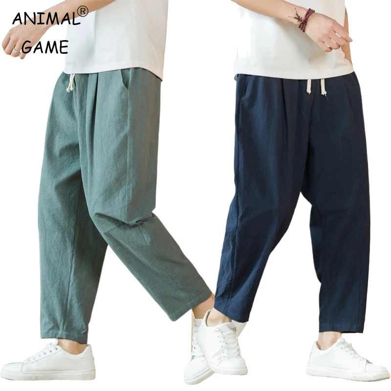 cotton linen mens casual solid color breathable street clothing loose straight pull bag lightweight sports pants 250411