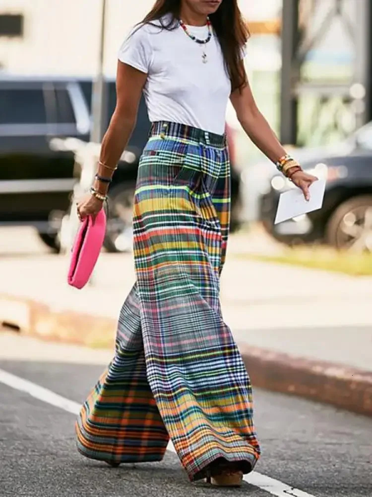 Missuoo 2024 Female Vintage Multi-colored Plaid Pants Spring and Summer Loose Casual Floor-length Wide Leg Pants for Women250414