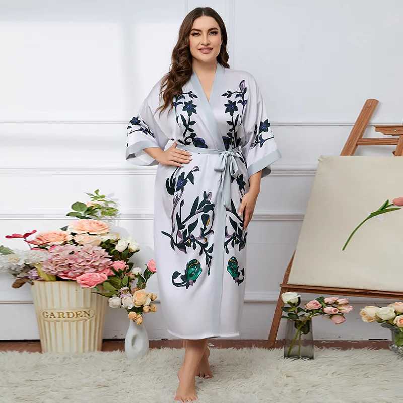 Oversized Sleepwear 2023 Autumn New Satin Robe Womens Summer Ice Silk Bathrobe Sexy Nightwear Print Kimono Casual Home Clothes C251115