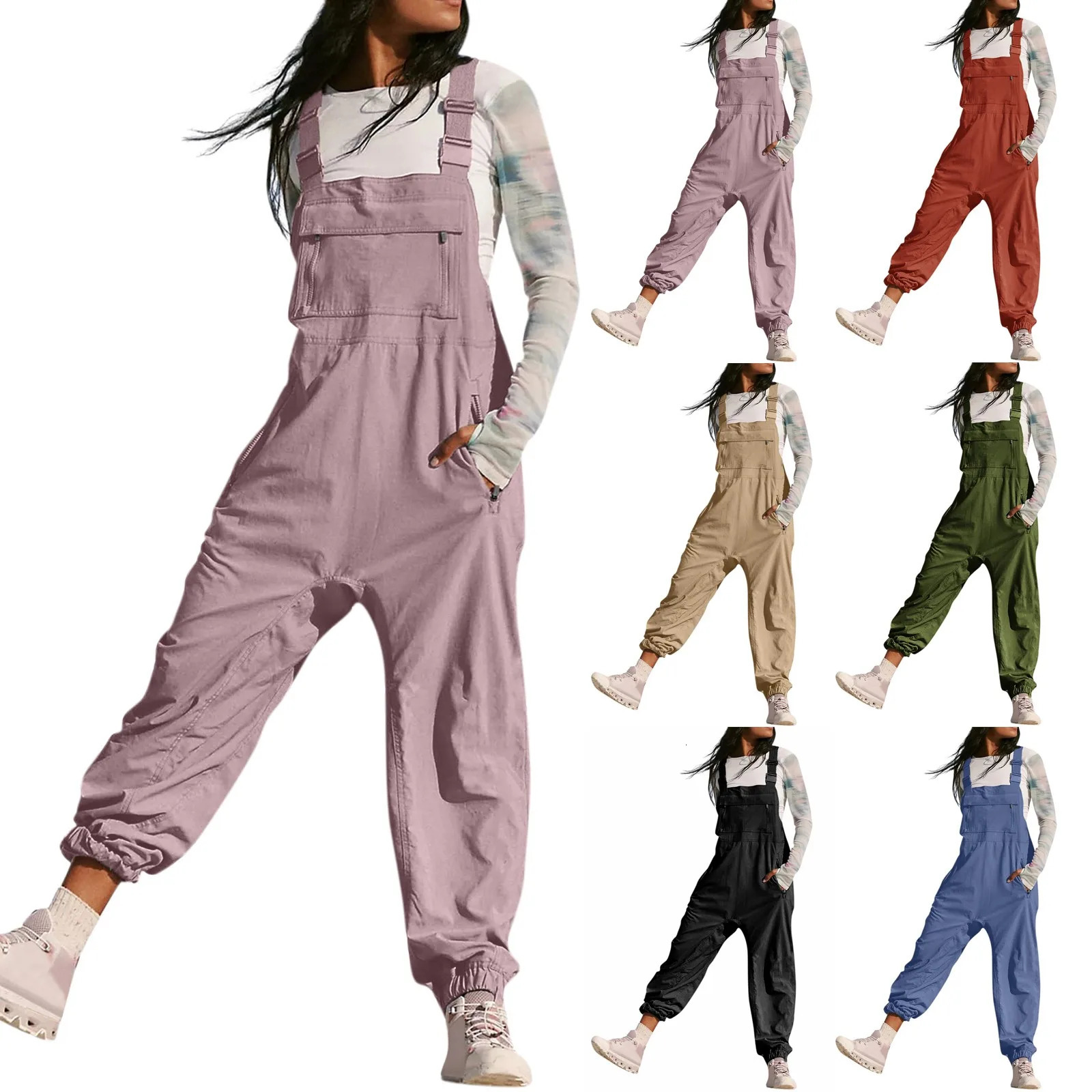WomenS Jumpsuits Summer Fashion Casual Loose Wide Leg Jumpsuits Solid Color Insert Pockets Retro Button Strap Jumpsuits 250415