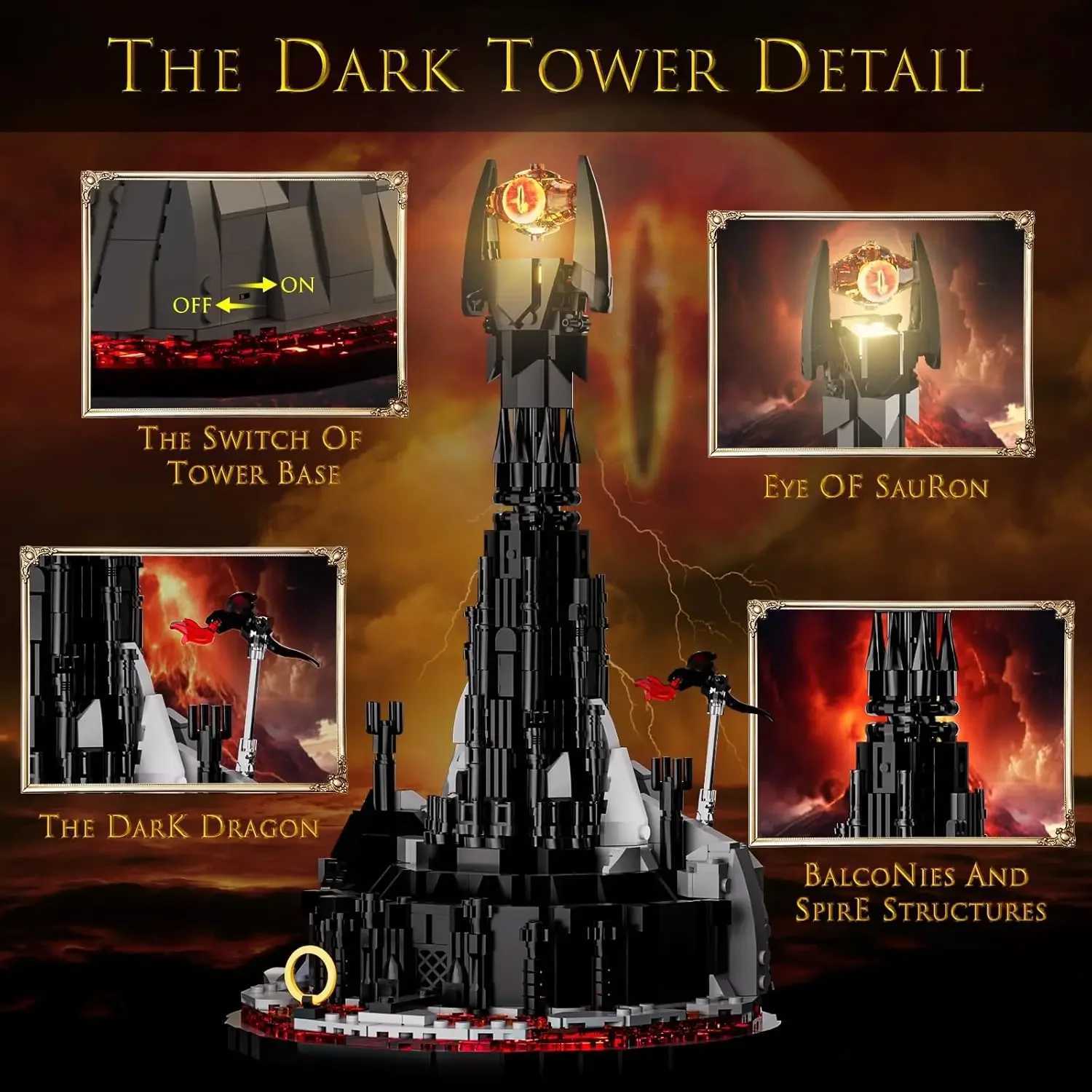 MOC Magic Lorded Dark Tower with LED lights building block set ring fortress castle bricks creative toys childrens birthday gifts W250415