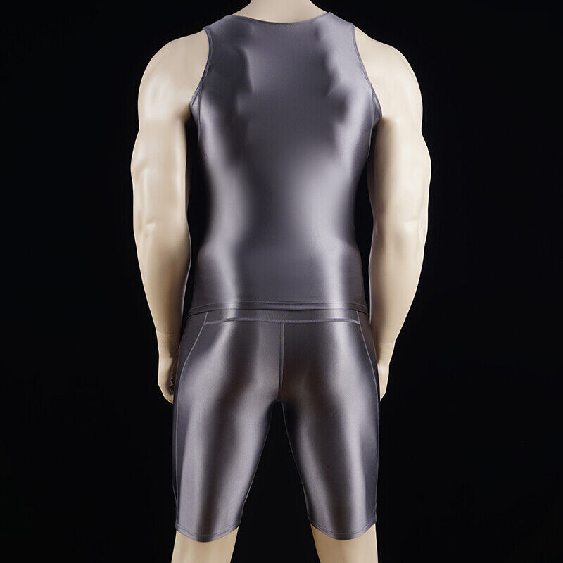 Stretch Men Tracksuits Vest Tanks Shiny Sports Fiess Running Sets Tops+Shorts Tops+Shorts