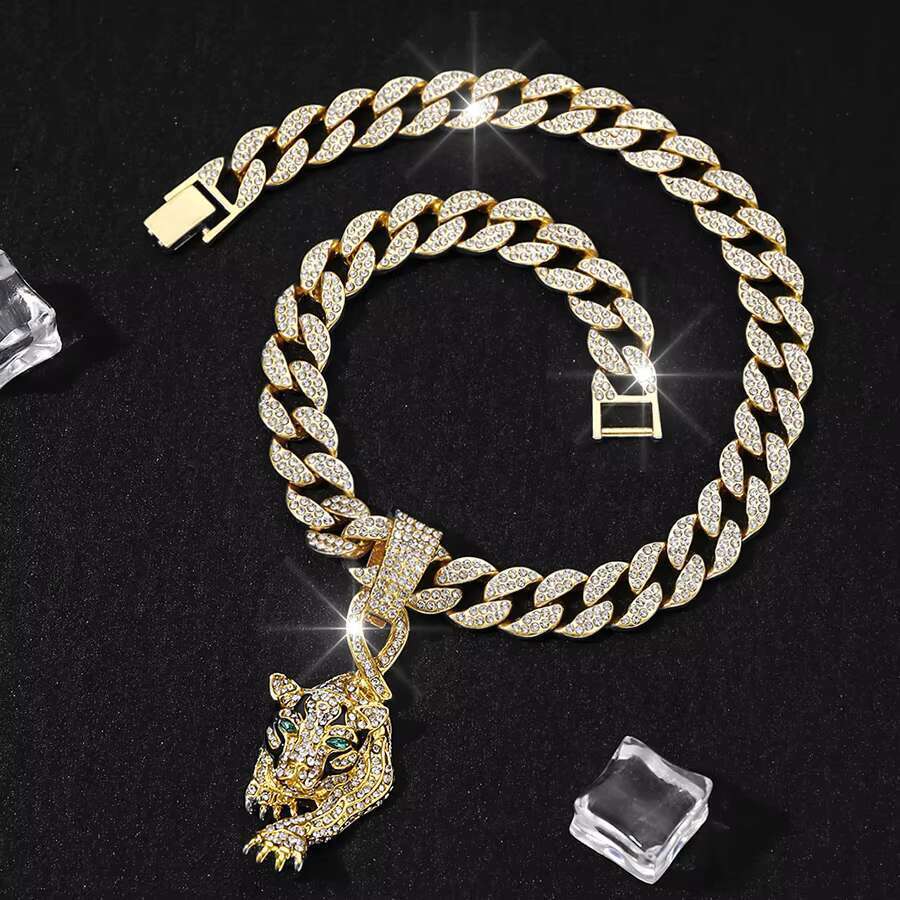 DHcollection Full Iced Out Crystal 13mm Miami Cuban Chain With Rhie Poker Pendant Necklace
