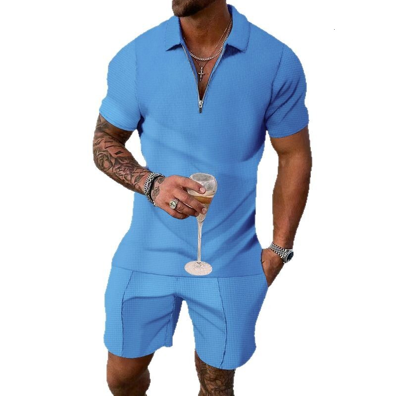 Summer suit light and casual solid color waffle lapel polo shirt men's half zip set