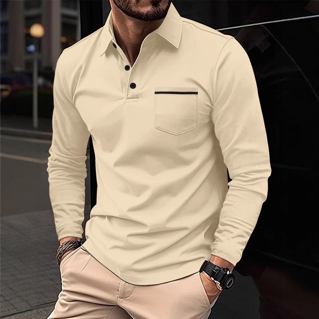 Fashionable mens polo shirt long sleeved lapel button pocket mens casual top