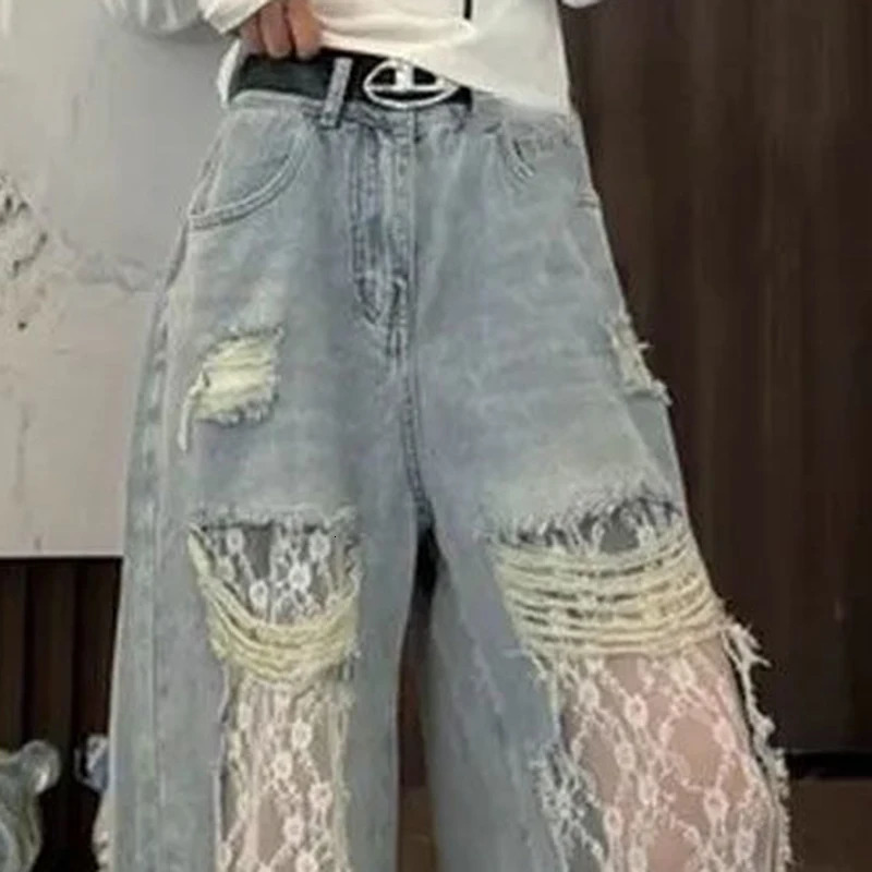 Womens open top jeans lace patchwork washing fashionable casual jeans womens fashion high waisted straight denim shorts 250415