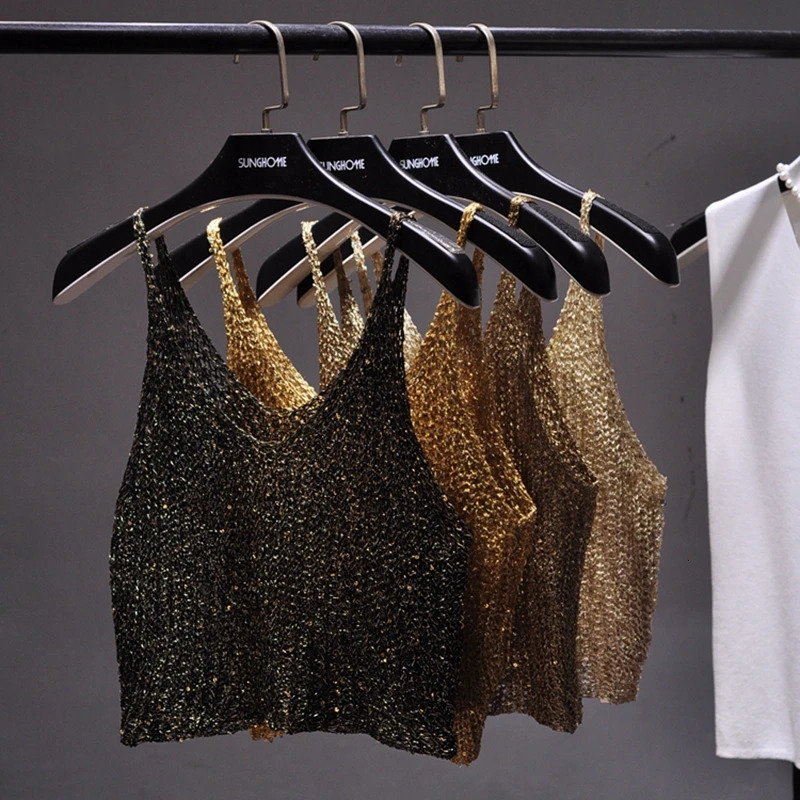 Sparkling Sequins Half Waist Render Knitwear Hollow-out Is Sexy Waist Condole Top Cropped Sexy Streetwear Woman Tops Summer 250415