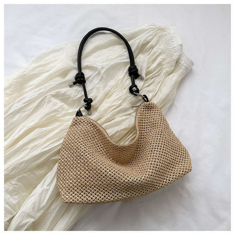 Handmade Beach Bag Single Shoulder Large Capacity Straw Woven Leisure Beach Bag, Vacation Ins, Contrasting Color Bucket, Handheld Commuting Women'