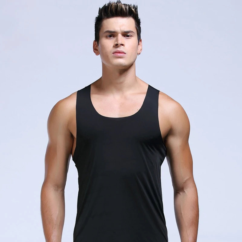 Ice Silk mens solid color vest top sexy Uneck sleeveless seamless youth elastic fitness casual underwear 250407