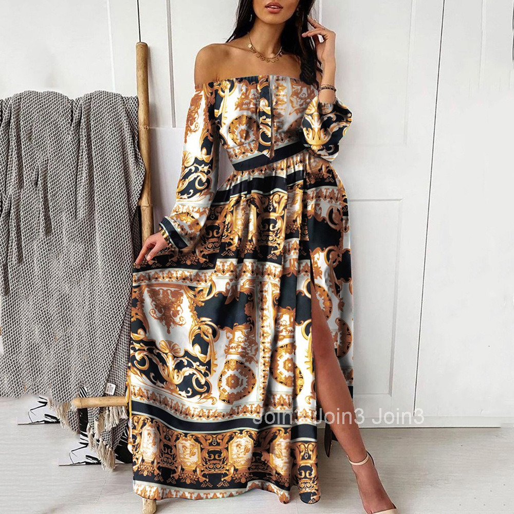2025 New Product Dress Printed V-neck Long Sleeve Large Swing Split Skirt
