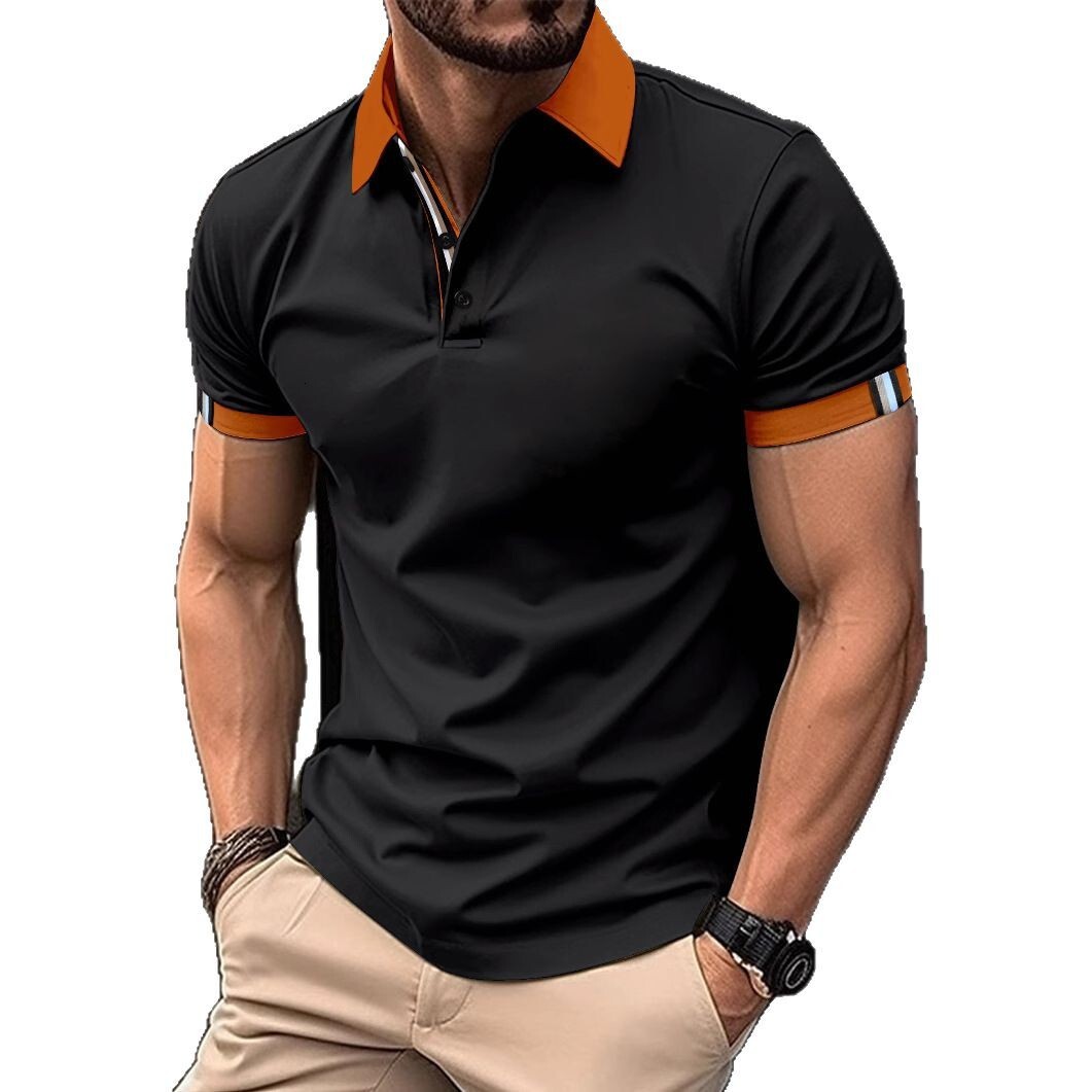 Summer new mens polo shirt casual sports solid color spliced ribbon lapel short sleeved top