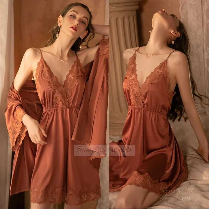 Spring Summer Women Robe Nightdress Sleepwear Two Piece Set Sexy Patchwork Lace Nightgown Kimono Bathrobe Loose Casual Home Wear C251115