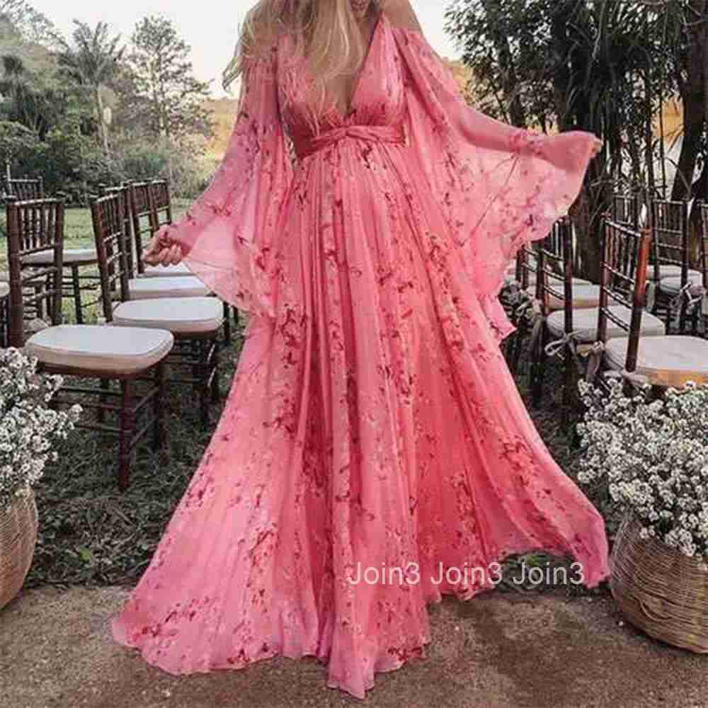 2025 New Suspender Deep V-neck Printed Sexy Bat Sleeves Pleated Floor Length Long Skirt for Pregnant Women Upper and Lower Lining Fabric