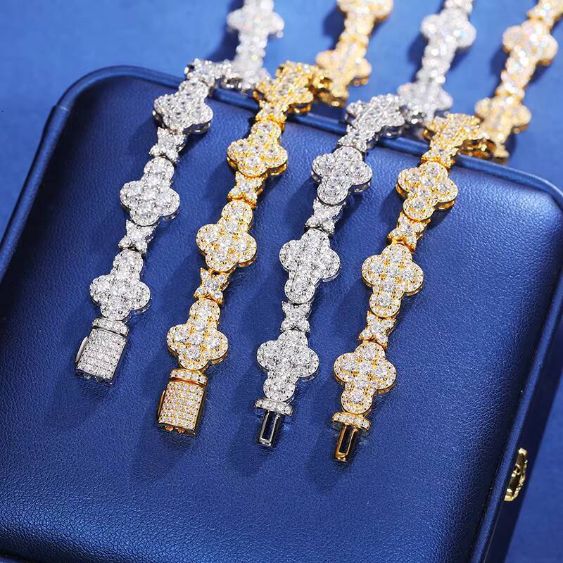 925 Sterling Silver Luxury Fine Jewelry Necklace 10mm Moissanite Cross Link Chain Four Leaf Clover Link Chain