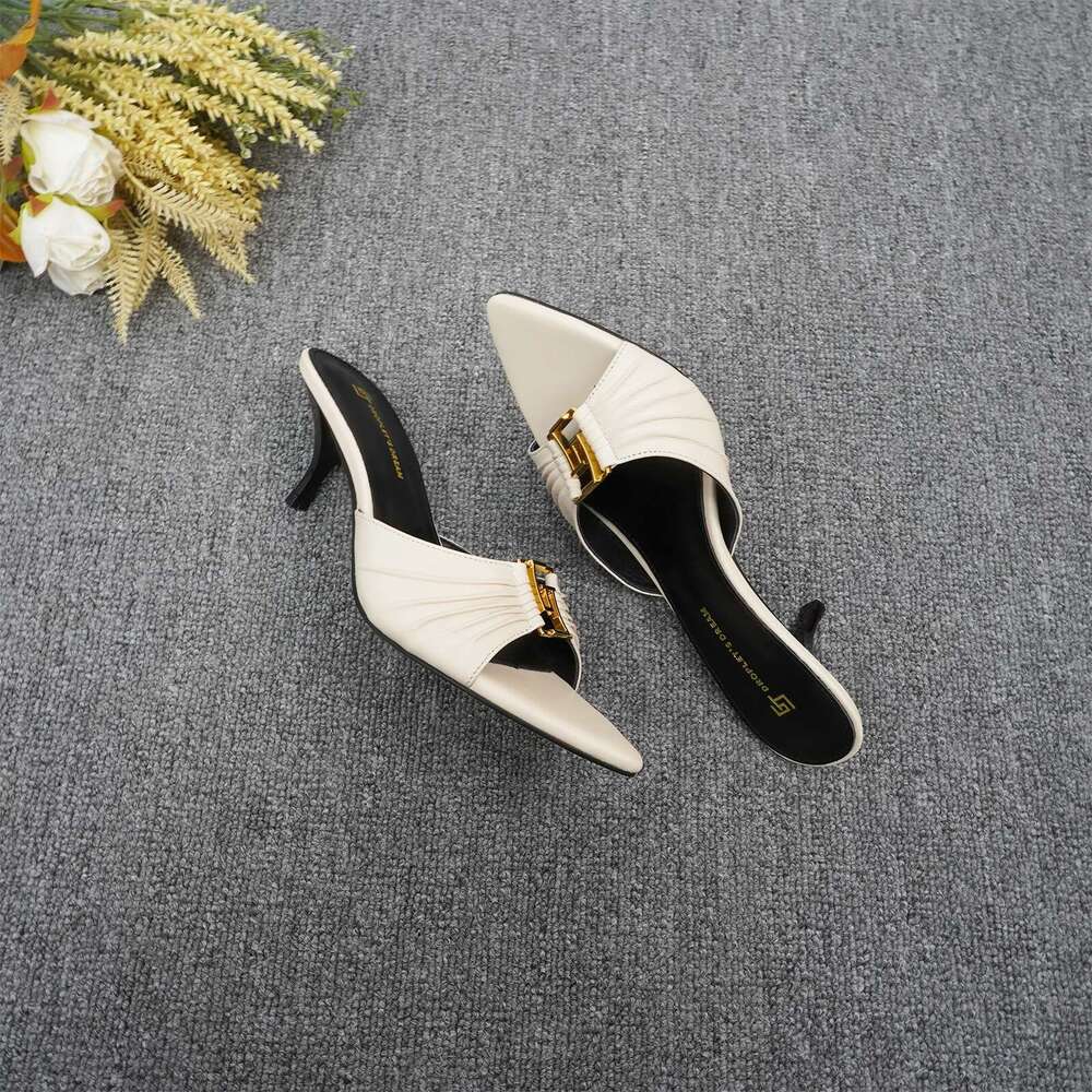 2024 Women's Summer New Pointed Fish Mouth High Heels Sexy Anti slip Outdoor Slippers GJ Metal Decorative Single Shoes
